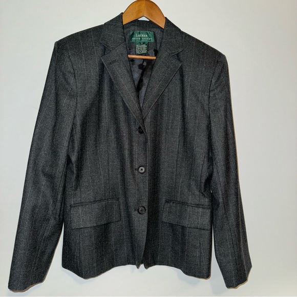 LAUREN Ralph Lauren 100% Wool Suit Blazer Women’s Size 12 Grey Stripe - Picture 1 of 8